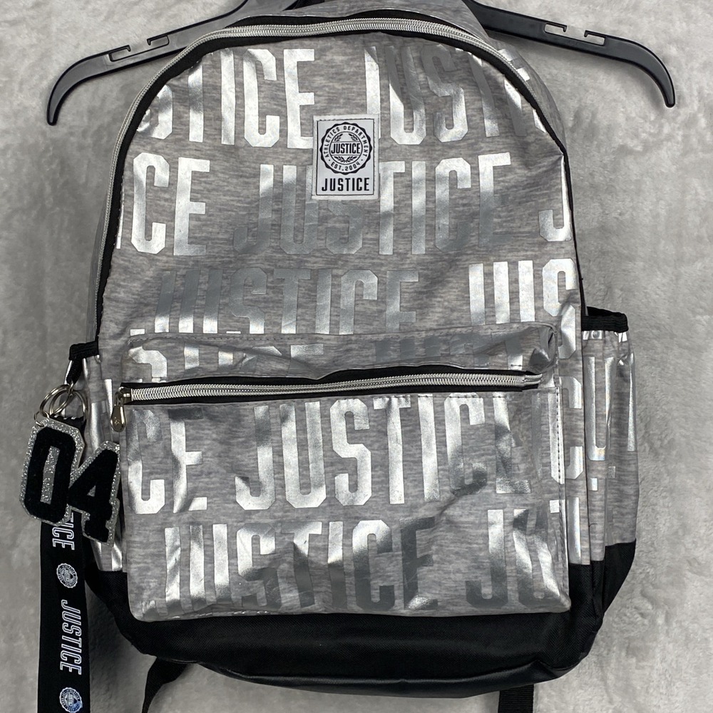 Justice Backpack Girls Metallic Silver Book Bag Gray Cool Back Pack Bookbag Logo